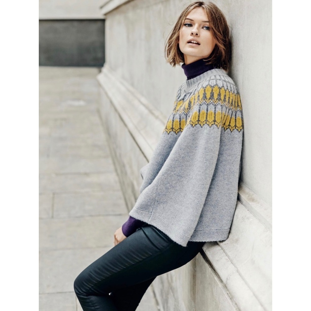 Boden M Gray Mustard Fair Isle Wool Alpaca Knit Cape Poncho Nordic Sweater